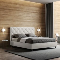 Letto 160x210 matrimoniale con testiera trapuntata design a rombo con bottoni bianco LIT473