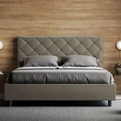 Letto 160x190 matrimoniale con testiera trapuntata design a rombo con bottoni cappuccino LIT469