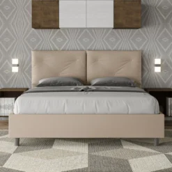 Letto 160x190 matrimoniale con testiera imbottita con tre bottoni similpelle tortora LIT433