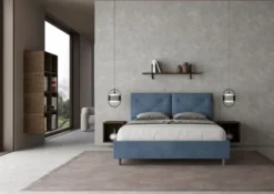 Letto 160x210 matrimoniale con testiera imbottita con tre bottoni microfibra blu LIT443