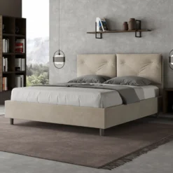 Letto 160x200 matrimoniale con testiera imbottita con tre bottoni microfibra sabbia beige LIT439