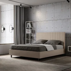 Letto 160x190 matrimoniale con testiera a quadretti in similpelle tortora LIT463