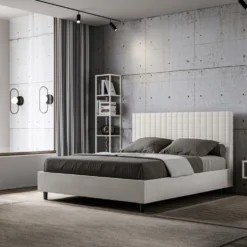 Letto 160x190 matrimoniale con testiera a quadretti in similpelle bianco LIT463
