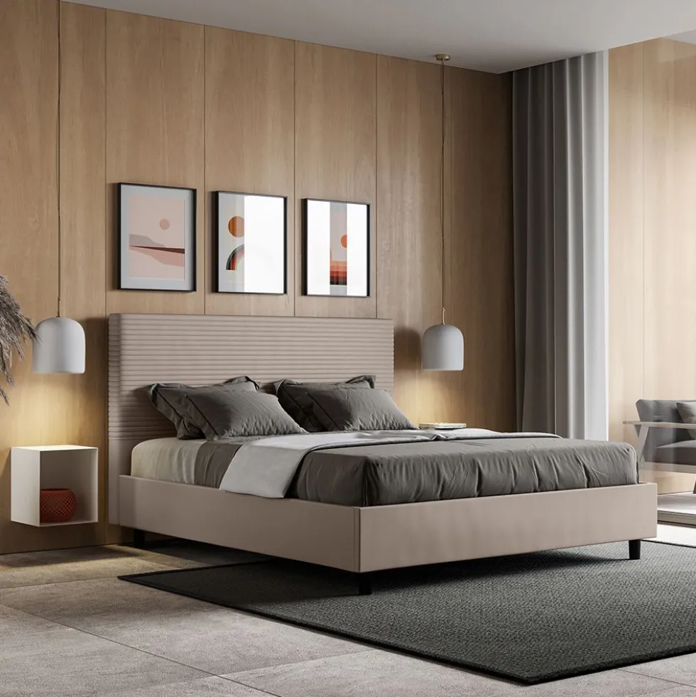 Letto 160x190 matrimoniale con testiera trapuntata linee orizzontali tortora LIT457