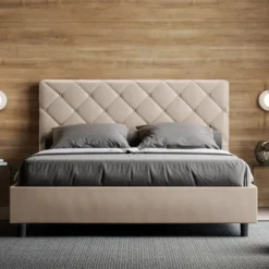 Letto 160x190 matrimoniale con testiera trapuntata design a rombo con bottoni tortora LIT469