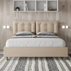 Letto 160x210 matrimoniale design trapuntato con testiera imbottita e bottoni tortora LIT431