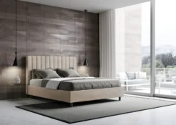 Letto 160x190 matrimoniale in microfibra con testiera effetto trapuntato sabbia beige LIT483