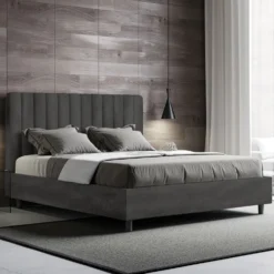 Letto 160x190 matrimoniale in microfibra con testiera effetto trapuntato grigio LIT483