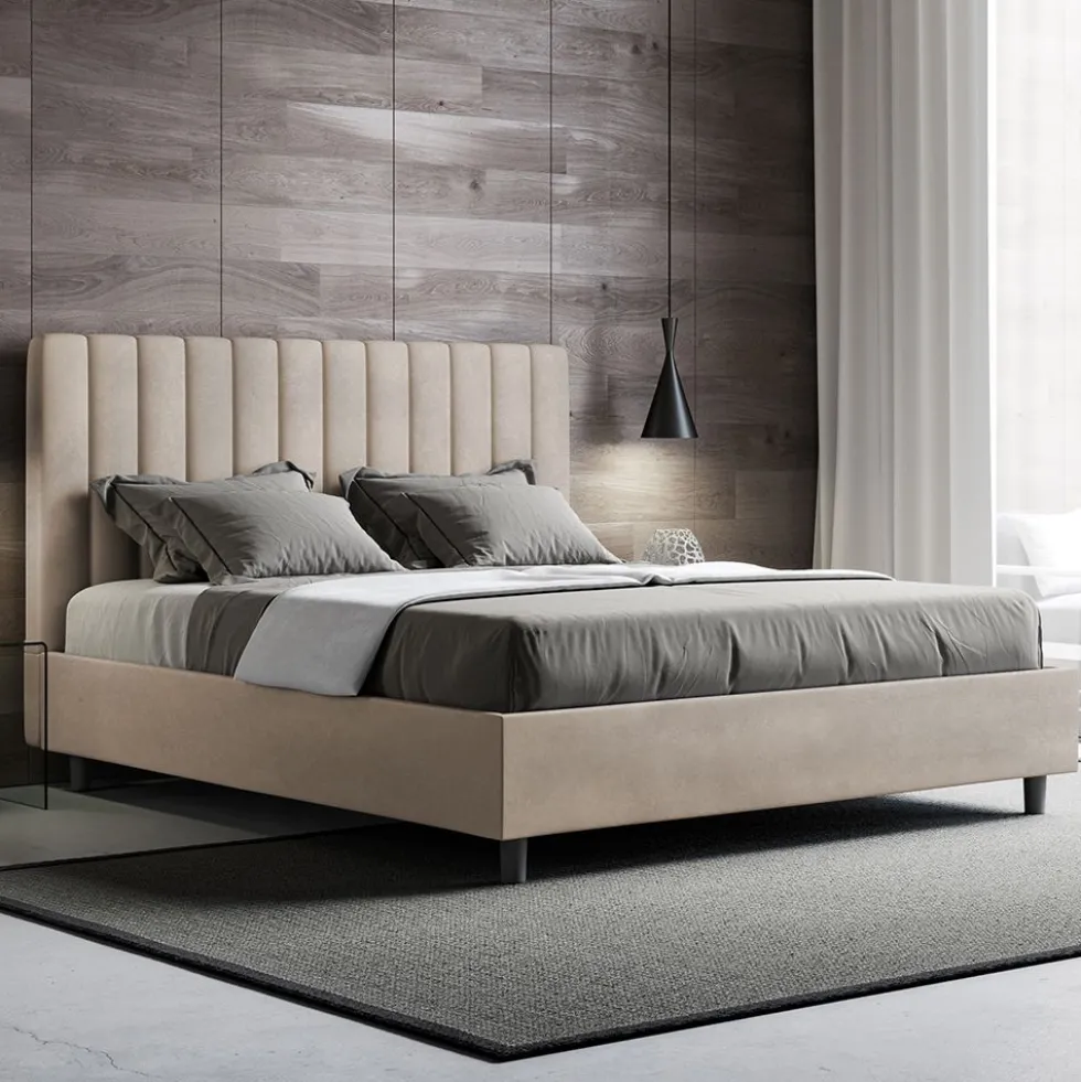 Letto 160x200 matrimoniale in microfibra con testiera effetto trapuntato sabbia beige LIT487