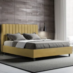 Letto 160x210 matrimoniale in microfibra con testiera effetto trapuntato ocra LIT491