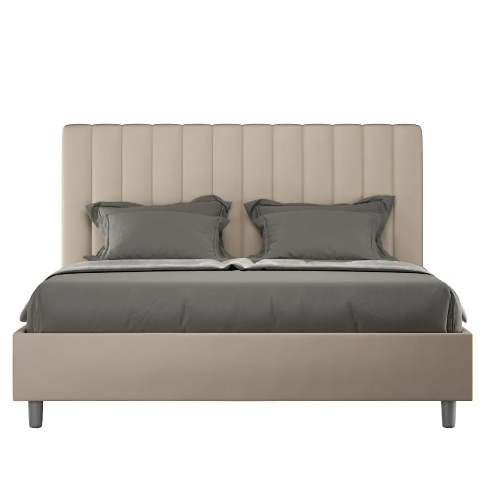 Letto 160x200 matrimoniale in similpelle con testiera effetto trapuntato tortora LIT485