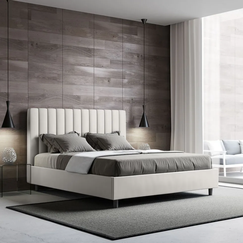 Letto 160x200 matrimoniale in similpelle con testiera effetto trapuntato bianco LIT485