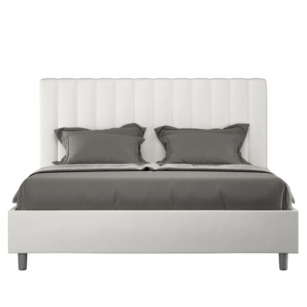 Letto 160x200 matrimoniale in similpelle con testiera effetto trapuntato bianco LIT485