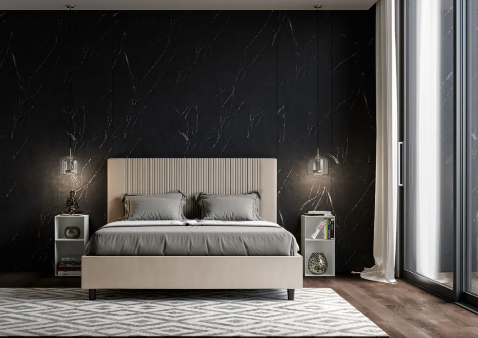 Letto 160x210 matrimoniale in similpelle e testiera linee verticali tortora LIT479