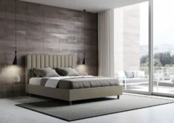 Letto 160x210 matrimoniale in similpelle con testiera effetto trapuntato cappuccino LIT489