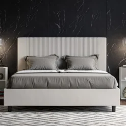 Letto 160x200 matrimoniale in similpelle e testiera linee verticali bianco LIT477