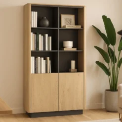 Libreria moderna 113x190 cm con 6 vani a giorno in rovere e nero LBLK2