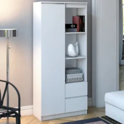 Libreria moderna 80x180x35 cm con anta e cassetti bianca LBT7