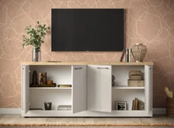 Madia da soggiorno 4 ante 211x88 cm bianco effetto legno e rovere ML59