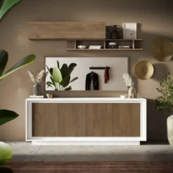 Madia moderna a 4 ante 207x80 cm bianco opaco e rovere scuro ML56