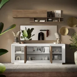 Madia moderna a 4 ante 207x80 cm bianco opaco e rovere scuro ML56