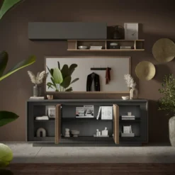 Madia moderna a 4 ante 207x80 cm grafite e rovere scuro ML56