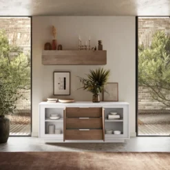 Madia moderna 2 ante 184x80 cm bianco opaco e rovere scuro ML55