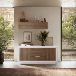 Madia moderna 2 ante 184x80 cm bianco opaco e rovere scuro ML55