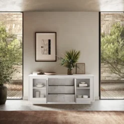 Madia moderna 2 ante 184x80 cm bianco opaco e cemento ML55