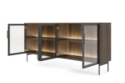 Madia moderna con 4 ante in vetro temperato e luce LED quercia scura e nero MALK40