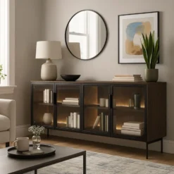 Madia moderna con 4 ante in vetro temperato e luce LED quercia scura e nero MALK40