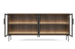 Madia moderna con 4 ante in vetro temperato e luce LED quercia scura e nero MALK40