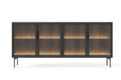 Madia moderna con 4 ante in vetro temperato e luce LED quercia scura e nero MALK40