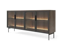 Madia moderna con 4 ante in vetro temperato e luce LED quercia scura e nero MALK40