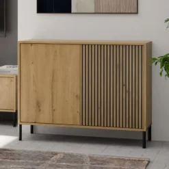 Madia moderna lamellata per soggiorno 103,5 cm con ante tip-on rovere e nero MT4