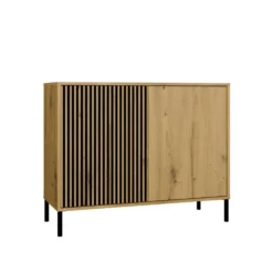 Madia moderna lamellata per soggiorno 103,5 cm con ante tip-on rovere e nero MT4