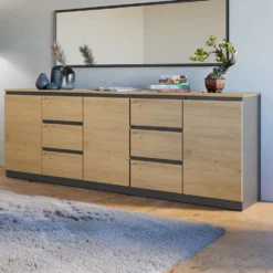 Madia moderna soggiorno 200 cm con 3 ante e 6 cassetti rovere antracite MT3