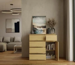 Madia moderna 100x93 cm con 1 anta e 5 cassetti rovere MT6