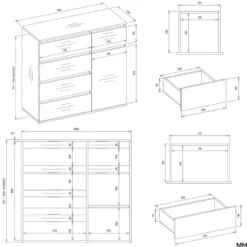 Madia moderna 100x93 cm con 1 anta e 5 cassetti rovere MT6
