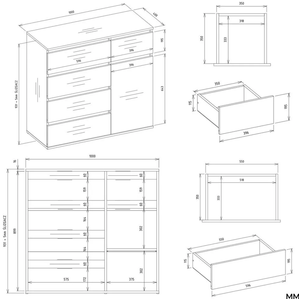 Madia moderna 100x93 cm con 1 anta e 5 cassetti rovere MT6