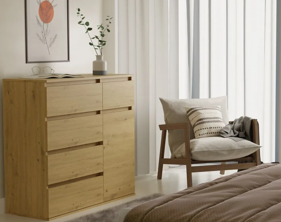 Madia moderna 100x93 cm con 1 anta e 5 cassetti rovere MT6
