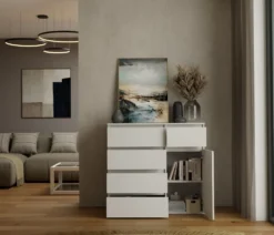Madia moderna 100x93 cm con 1 anta e 5 cassetti bianca MT6