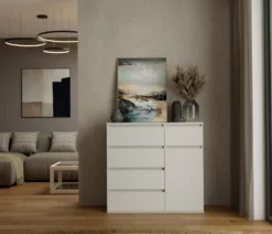 Madia moderna 100x93 cm con 1 anta e 5 cassetti bianca MT6