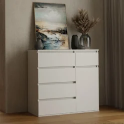 Madia moderna 100x93 cm con 1 anta e 5 cassetti bianca MT6