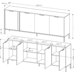 Madia moderna 203x81cm con 4 ante antracite con dettagli oro MALK13