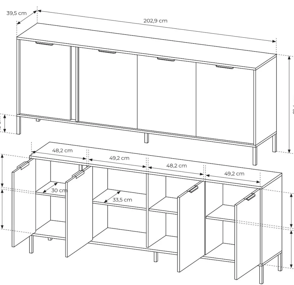 Madia moderna 203x81cm con 4 ante antracite con dettagli oro MALK13