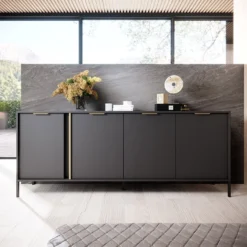 Madia moderna 203x81cm con 4 ante antracite con dettagli oro MALK13