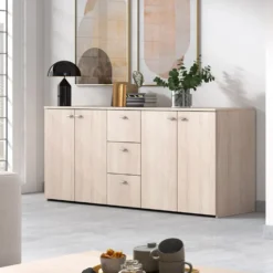 Madia moderna 180x74cm con 4 ante e 3 cassetti rovere chiaro MALK10