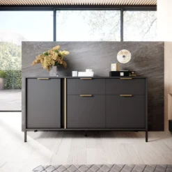 Madia moderna 153x81cm con 3 ante e 2 cassetti antracite con dettagli oro MALK11