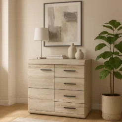 Madia moderna 80x87cm con un’ anta e 4 cassetti rovere chiaro MALK24